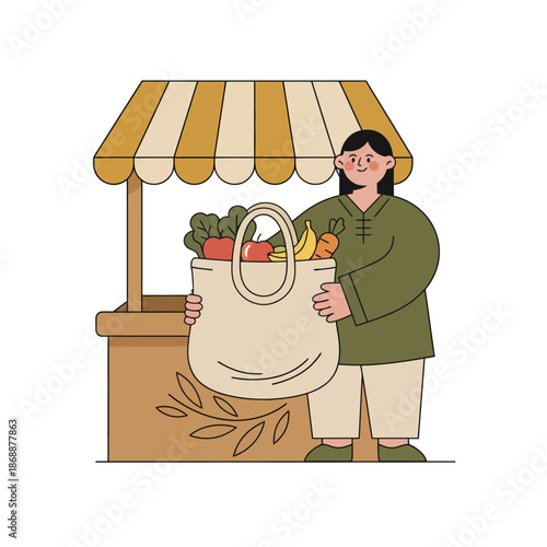 Woman buying groceries at market using a reusable tote bag illustration