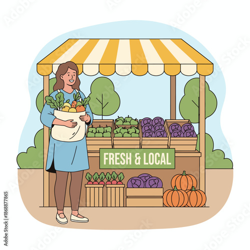 Woman with grocery bag full of fresh vegetables at farmer's market.