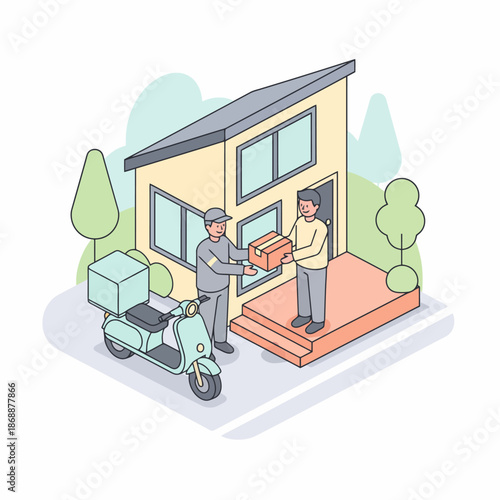 Courier Delivers Package to Customer at Home by Scooter Isometric Illustration
