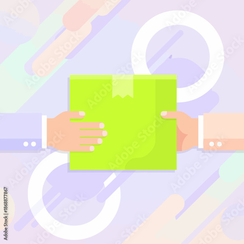 Hands exchanging green delivery package. Logistics flat vector illustration.