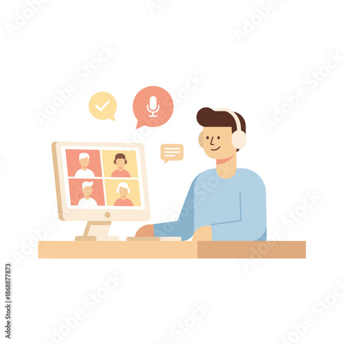 Remote worker attending a video conference using a computer and headphones
