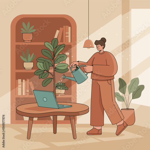 Woman watering houseplant next to a laptop in a cozy indoor setting