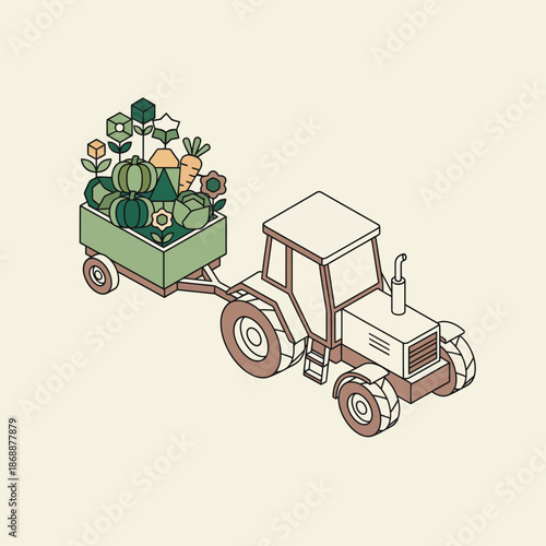 Isometric tractor pulling a trailer loaded with geometric crops