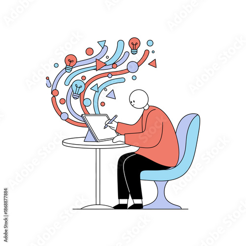 Digital artist or designer drawing on tablet creating flowing light bulb ideas