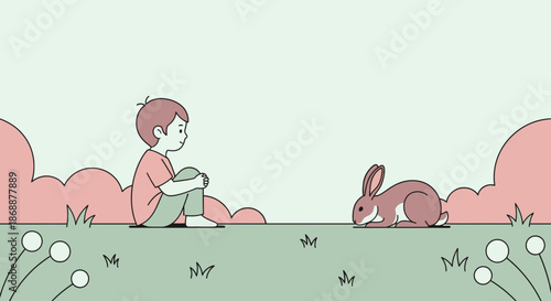 Minimalist line art illustration of boy sitting with a rabbit outdoors