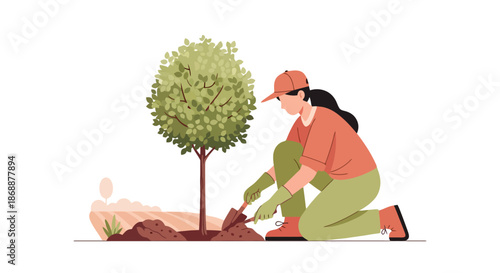 Woman Gardener Planting Tree Sapling with Trowel, Flat Vector Illustration