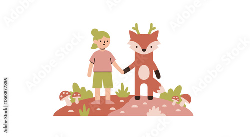 Girl holding hands with anthropomorphic fox in a whimsical forest scene.