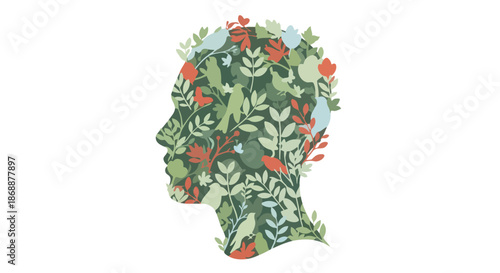 Human Head Silhouette Filled with Nature and Green Plants