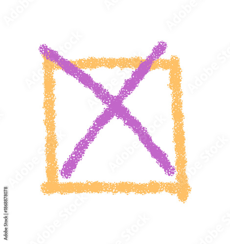 Chalk sketch square check box icon with a purple cross mark. Checkbox element stands as strong symbol, rough chalk outline and mark for modern checklist, voting or selection use.
