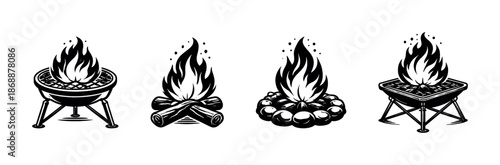 Camping and barbecue vector icons set: outdoor cooking and grilling symbols