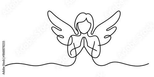 A minimalist line drawing of an angel in a meditative pose with wings spread wide.