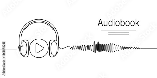 A minimalist line drawing of a pair of headphones with a play button and an audio waveform, representing an audiobook