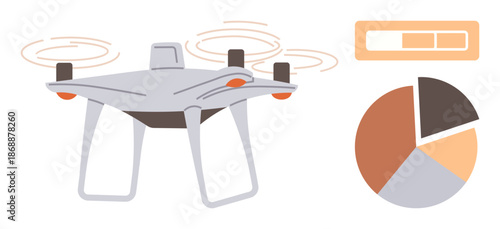 quadcopter technology, analytics, data visualization, aerial surveying, automation, innovation. A Quadcopter with spinning propellers, a progress bar and a pie chart. Drone technology and analytics
