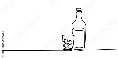 A simple line drawing of a bottle and glass with ice cubes on a table