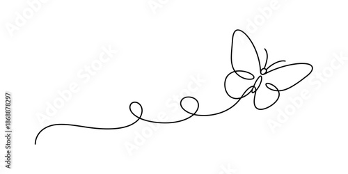 A minimalist line drawing of a butterfly in flight on a white background