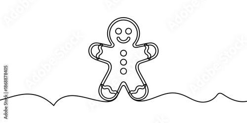 A minimalist line drawing of a smiling gingerbread man on a white background
