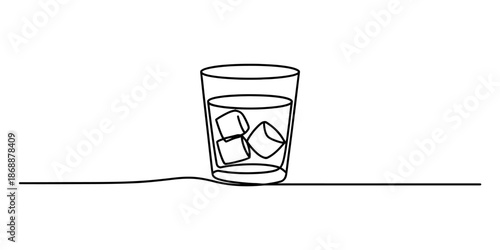 A simple line drawing of a glass of water with ice cubes on a plain surface