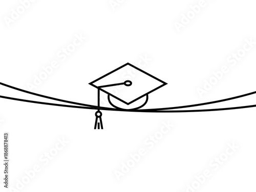 A minimalist line drawing of a graduation cap balancing on a tightrope