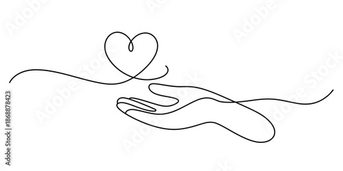 A minimalist line drawing of a hand cradling a heart
