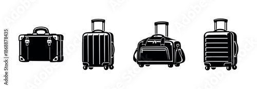 Luggage and suitcase vector icons set: baggage, travel essentials symbols