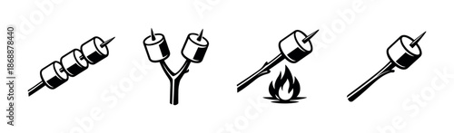 Campfire cooking vector icons set: marshmallows, roasting, outdoor barbecue symbols