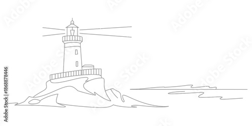 A serene lighthouse standing tall on a rocky coastline with waves crashing below