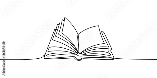 A minimalist line drawing of an open book on a plain background
