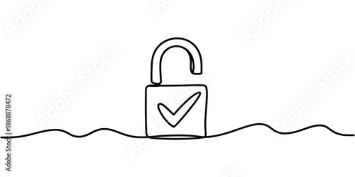 A simple line drawing of a padlock with a checkmark on it, emerging from wavy lines on a white background.