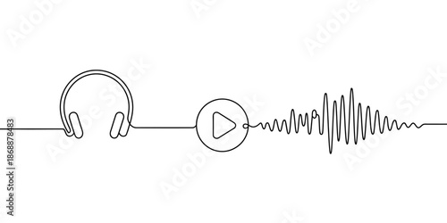 A minimalist line drawing of a pair of headphones connected to a play button with a sound wave emanating from it.