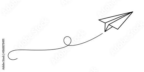 A simple line drawing of a paper airplane soaring through the air with a curved trajectory.