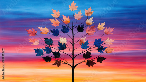 Artistic Tree Silhouette with Colorful Leaves Against a Sunset Sky