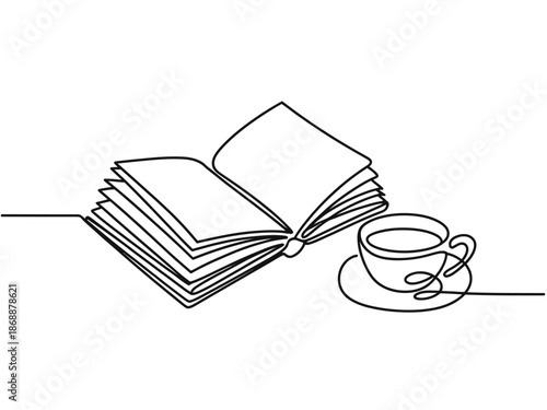 A simple line drawing of an open book next to a cup of coffee on a saucer