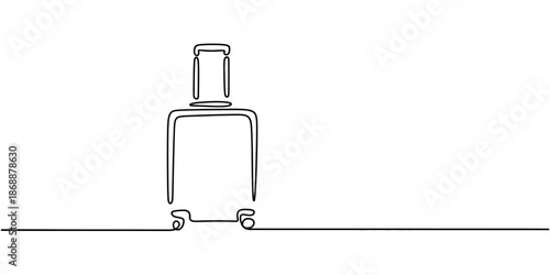 A minimalist line drawing of a suitcase on wheels against a white background