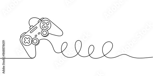 A minimalist line drawing of a video game controller with a curly cord