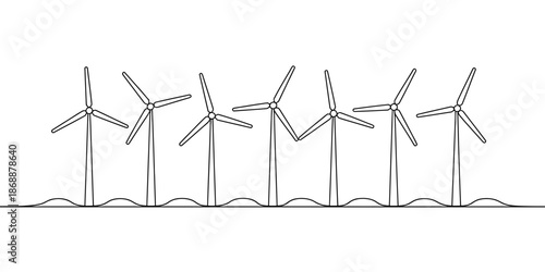 A line of wind turbines standing in a row on a flat landscape generating renewable energy
