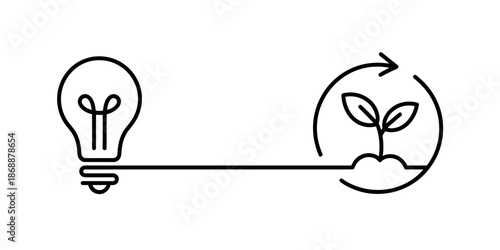 A simple line drawing of a lightbulb connected to a growing plant, symbolizing innovation and sustainability.