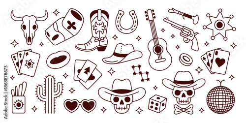 A collection of western themed icons and symbols on a white background