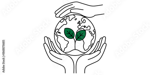 A pair of hands cradling the Earth with green leaves growing from it, symbolizing environmental care and sustainability.