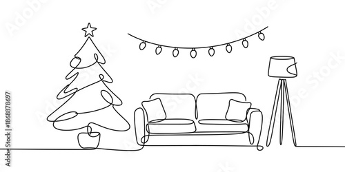 A minimalist living room decorated for Christmas with a simple line drawing style