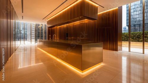 Modern Kitchen Interior with Warm Lighting and Sleek Design Features