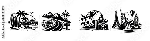 Travel adventure vector icons set. vacation and exploration symbols