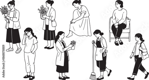 Daily Life Woman Activities Vector Set, Black and White Female Characters in Various Poses Illustration