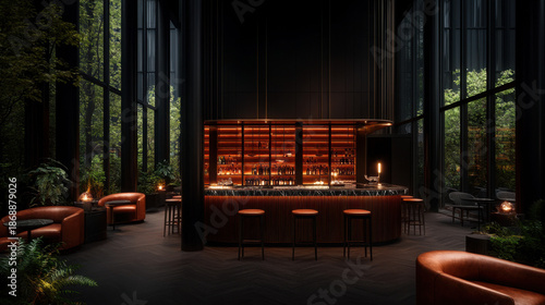 Modern bar interior with elegant design and lush greenery ambiance