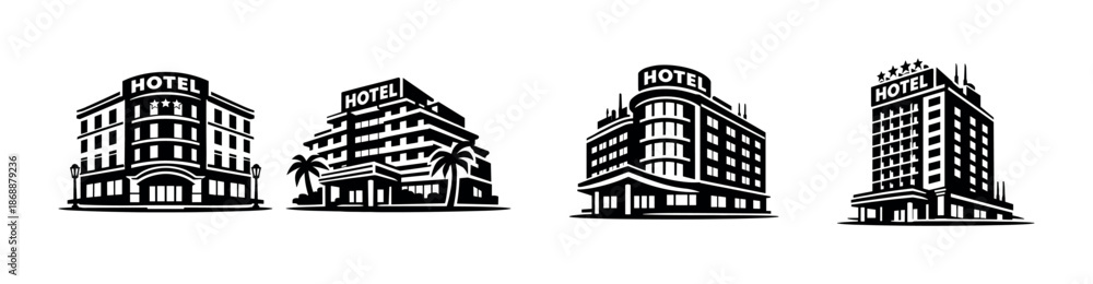 Fototapeta premium Hotel and hospitality vector icons set: lodging and accommodation symbols