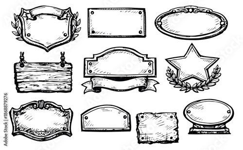 Hand drawn line art decorative frames and signs set featuring various shapes including shields, ribbons, and wreaths for design templates