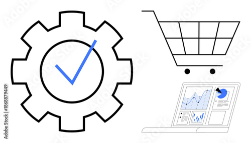 E-commerce, online business, digital marketing, sales strategy, data visualization, market research. Blue checkmark in gear, shopping cart and data graph. E-commerce and online business concept