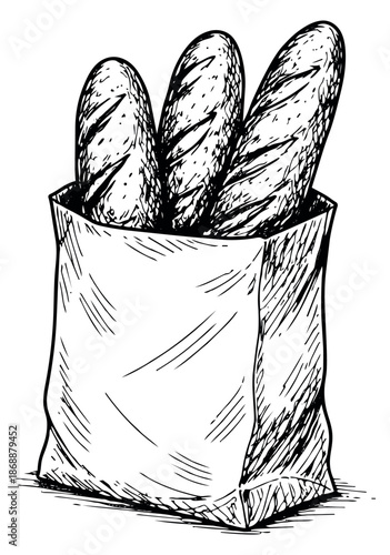 Hand drawn illustration of baguettes in a paper bag depicting freshly baked bread for a bakery