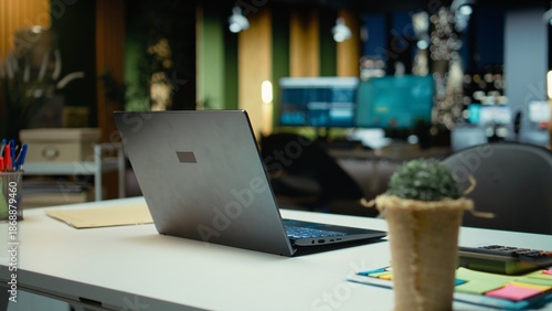 Wallpaper Mural Professional empty office features computers and forecasting equipment. Modern space set for corporate planning, analytics and performance indicators that drive organizational success. Torontodigital.ca