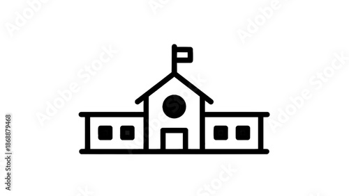 Vector illustration of an outline school building icon with a flag, on transparent background