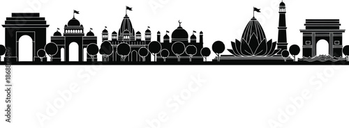 Indian monuments Delhi vector illustration.  Delhi city skyline, with several prominent Indian landmarks. New Delhi and Agra city skyline silhouette. 